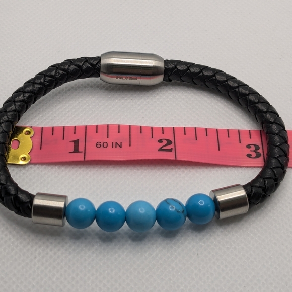 Blue Howlite Beaded Bracelet & Black Leather Stainless Steel Magnetic Clasp Set - Picture 10 of 10